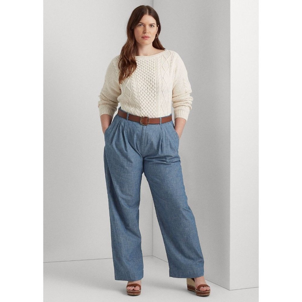 NEW Lauren Ralph Lauren Women's 20W Pleated Chambray Wide-Leg Pant NWT $145
